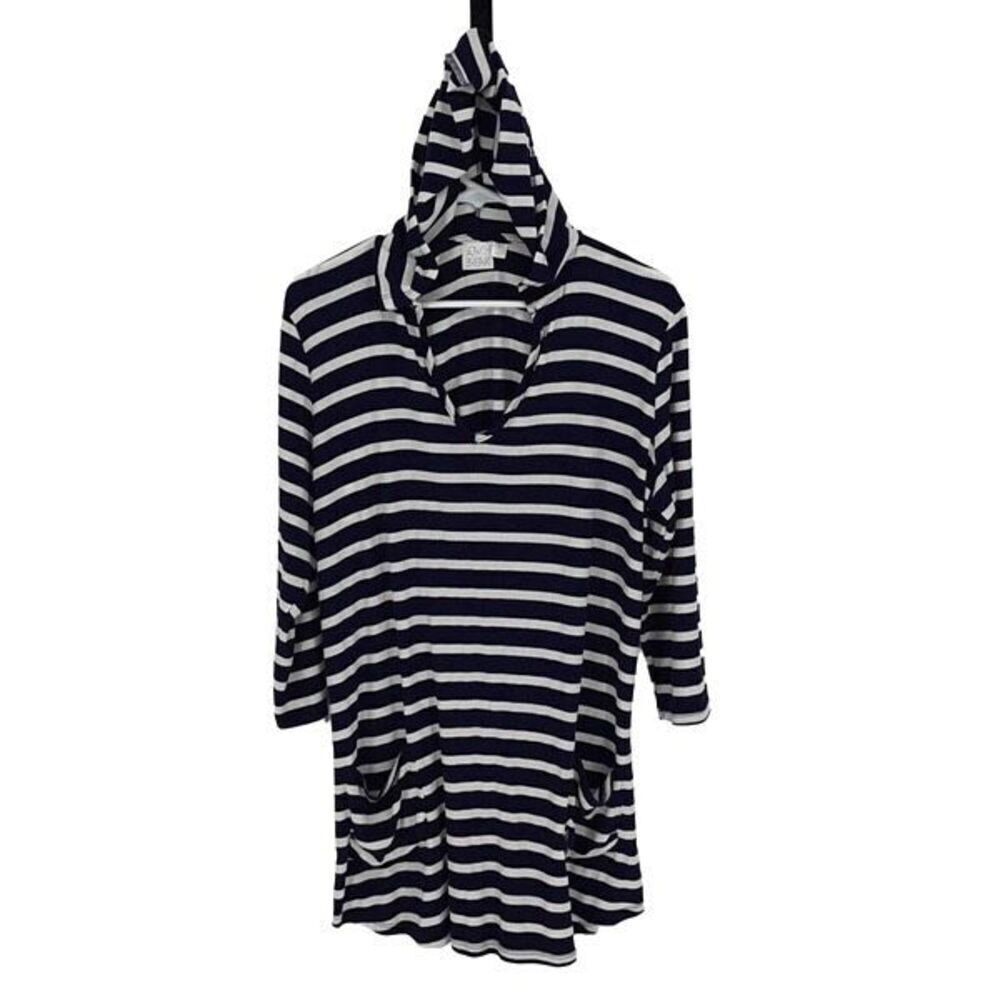 Beach Break Womens Classic Striped Hooded Tunic White Navy Blue Size‎ Large